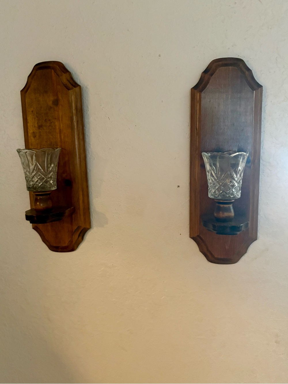 Source Unknown Brown Wooden Wall Sconces with Clear Glass Holders